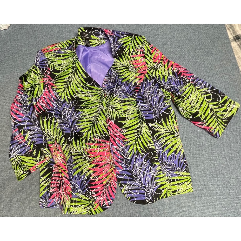 Trenz Woman Theresa Renz Tropical Palm Leaf Blazer Jacket 2X Pink Green Purple